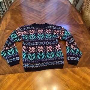 Retro Vintage Paris sport club chunky fair isle floral sweater black & pink